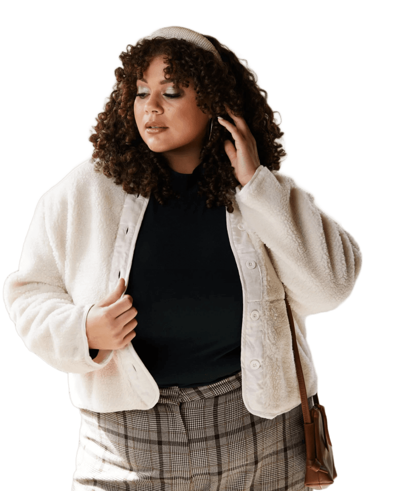Front of a model wearing a size 3X Enola Cozy Sherpa Jacket in Antique White by ABLE. | dia_product_style_image_id:310245